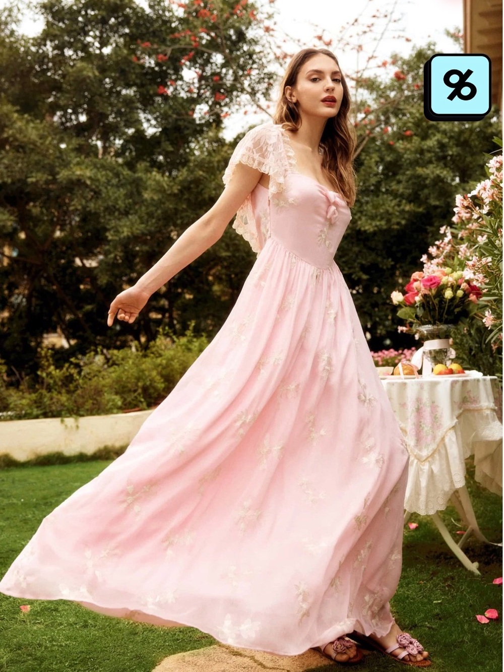 American Heiress Belle Lace Romantic Pink Lace Cap-Sleeve Maxi Dress size SMALL